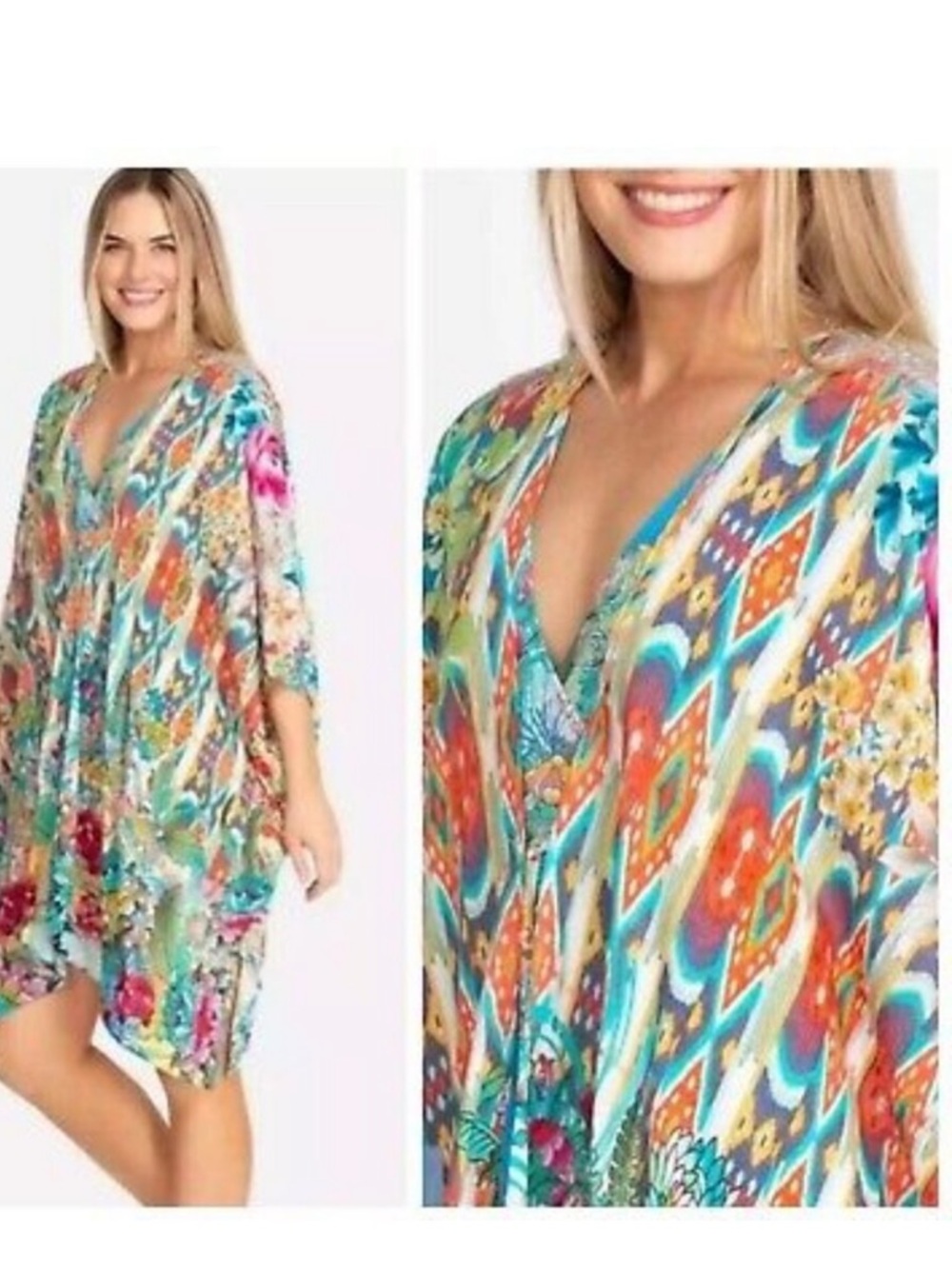 Johnny Was Pearce Short Kimono/Swim Coverup with front tasseled ties S/M, NWT
